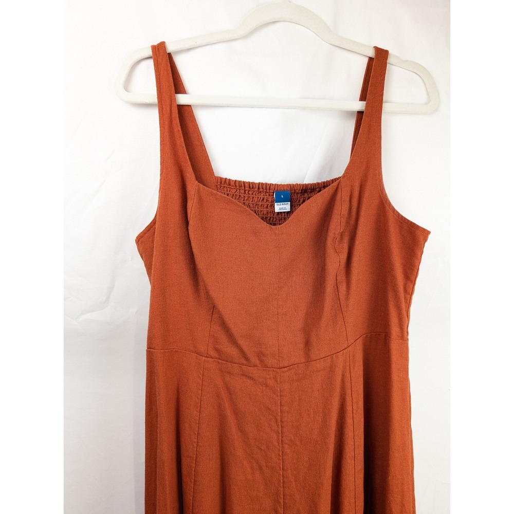 Linen Sweetheart Sleeveless Smocked Dress L Rust Orange Cottagecore Coastal Boho - Picture 3 of 9